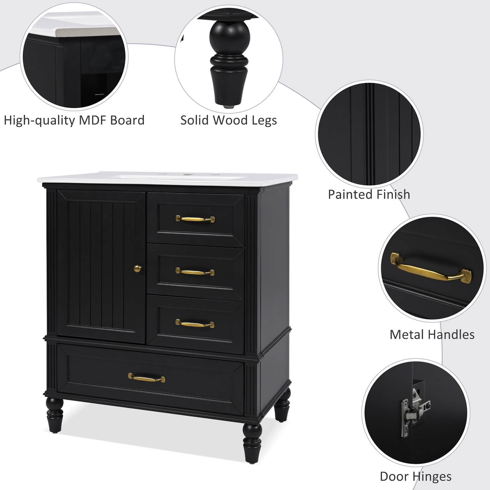 30 in black acacia wood dresser with bottom drawer details