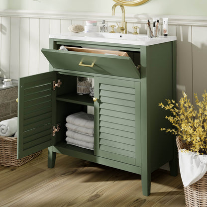 30 inch bathroom vanity with louvered doors and gold handles