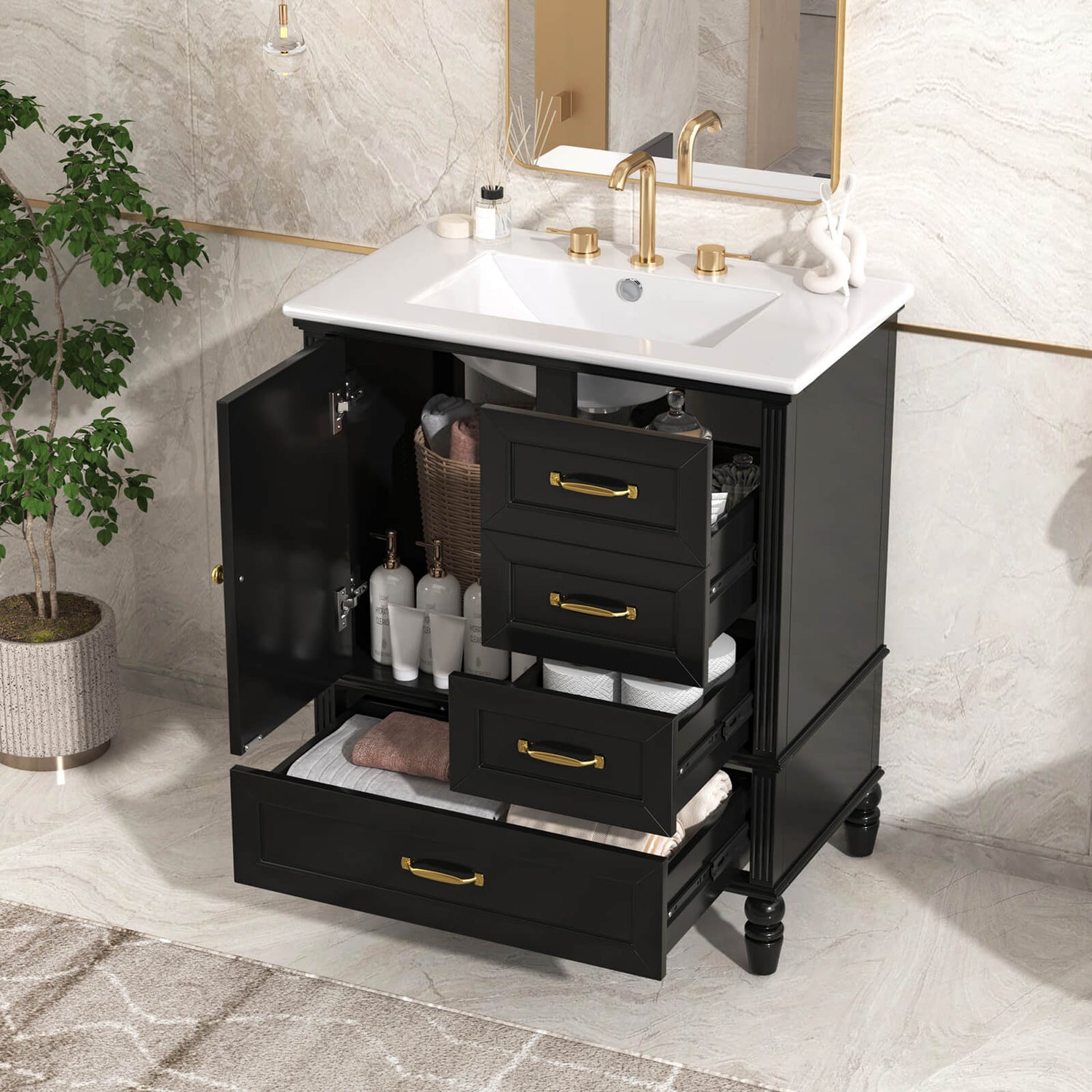 30 inch black acacia wood bathroom vanity with storage drawers