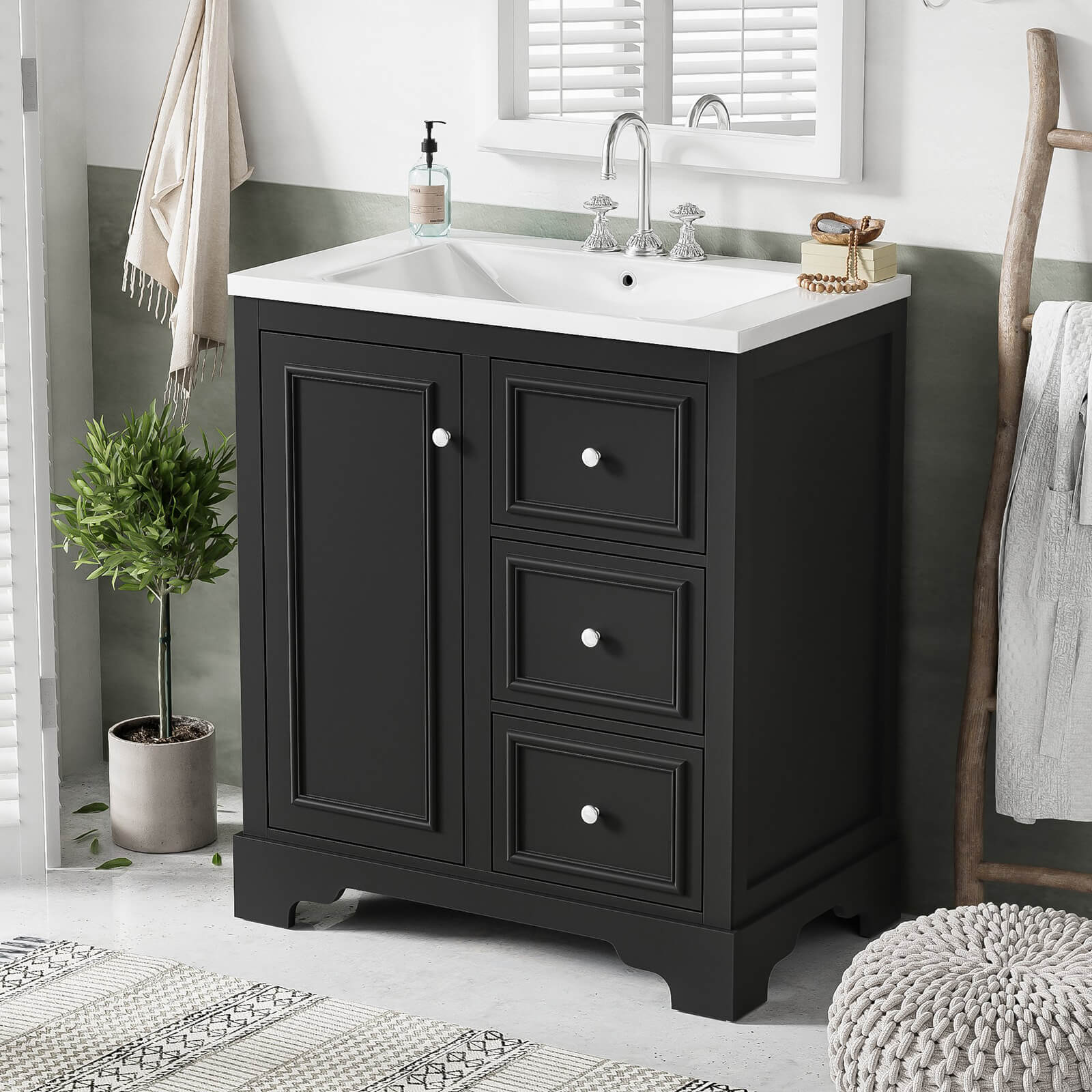 30 inch black freestanding single sink bathroom vanity with ceramic sink