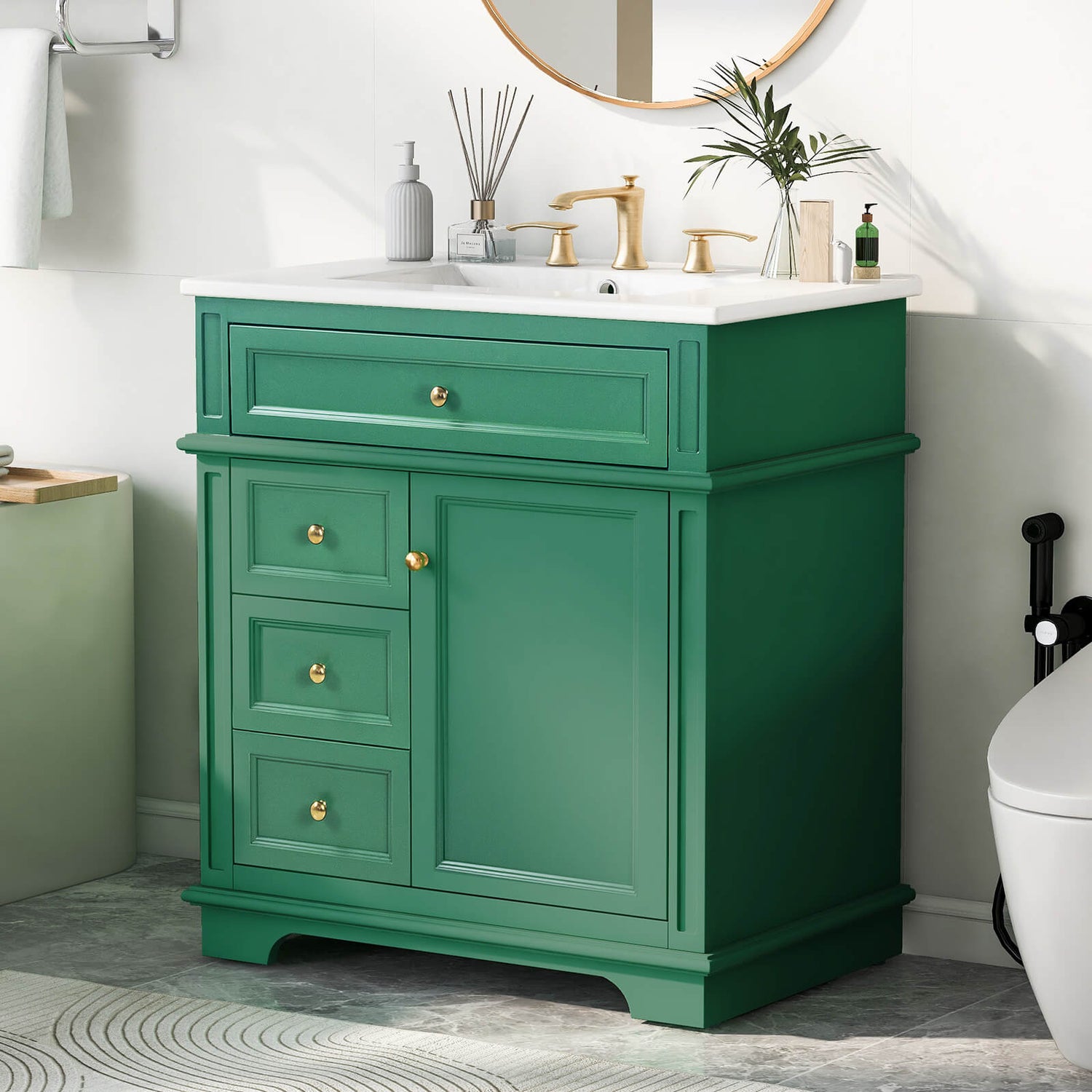 30 inch deep green freestanding bathroom vanity with flip out tray