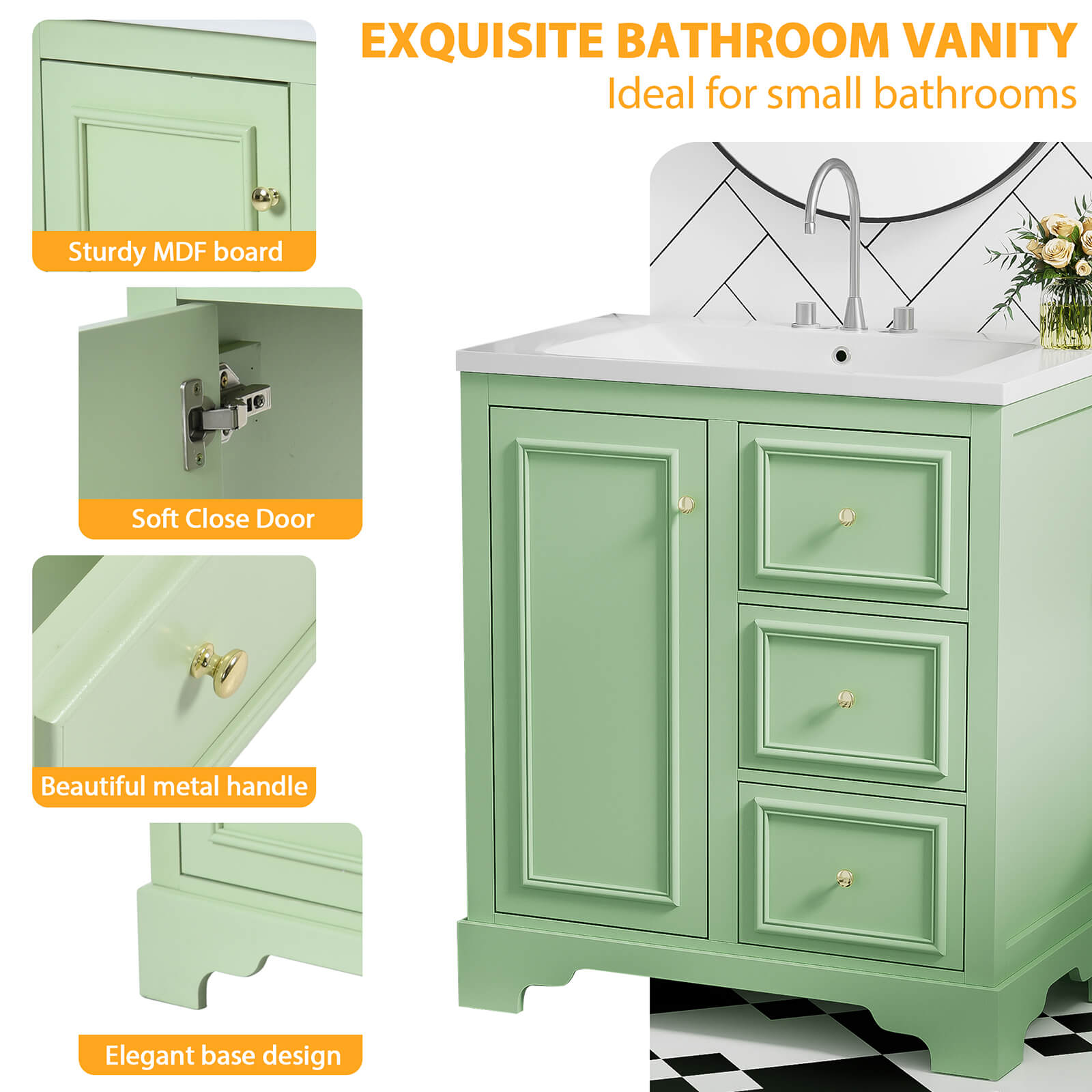 30 inch floor standing single sink green bathroom vanity with details of each position