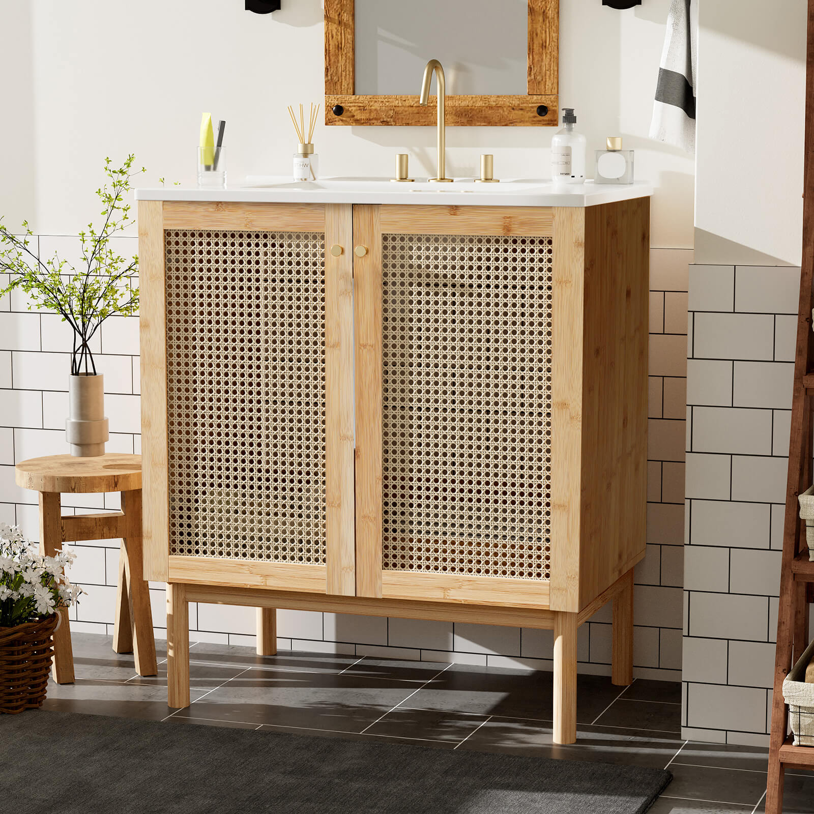 30 inch rattan bathroom vanity with sink and gold handles