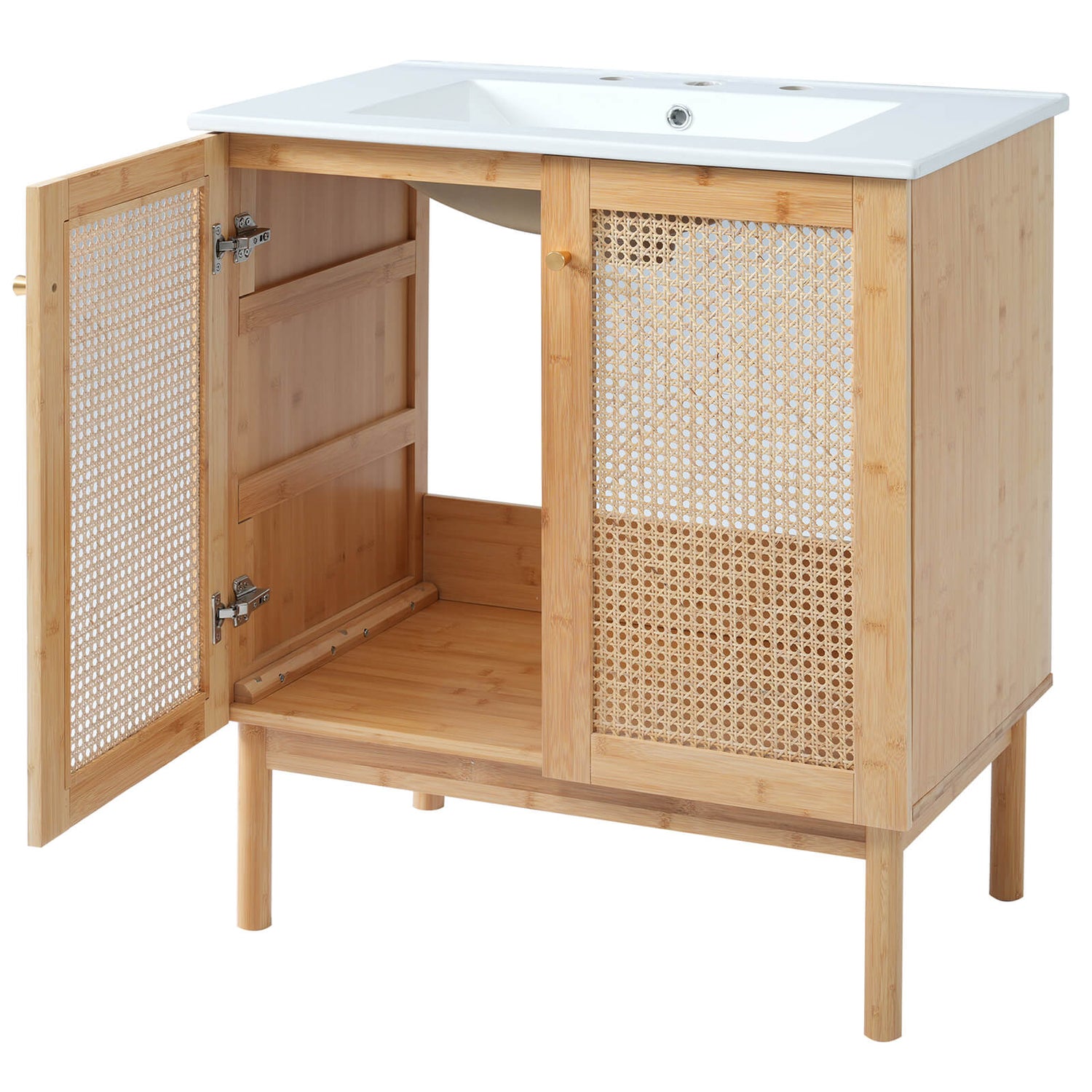 30 inch rattan vanity for small bathrooms with ceramic sink top and storage