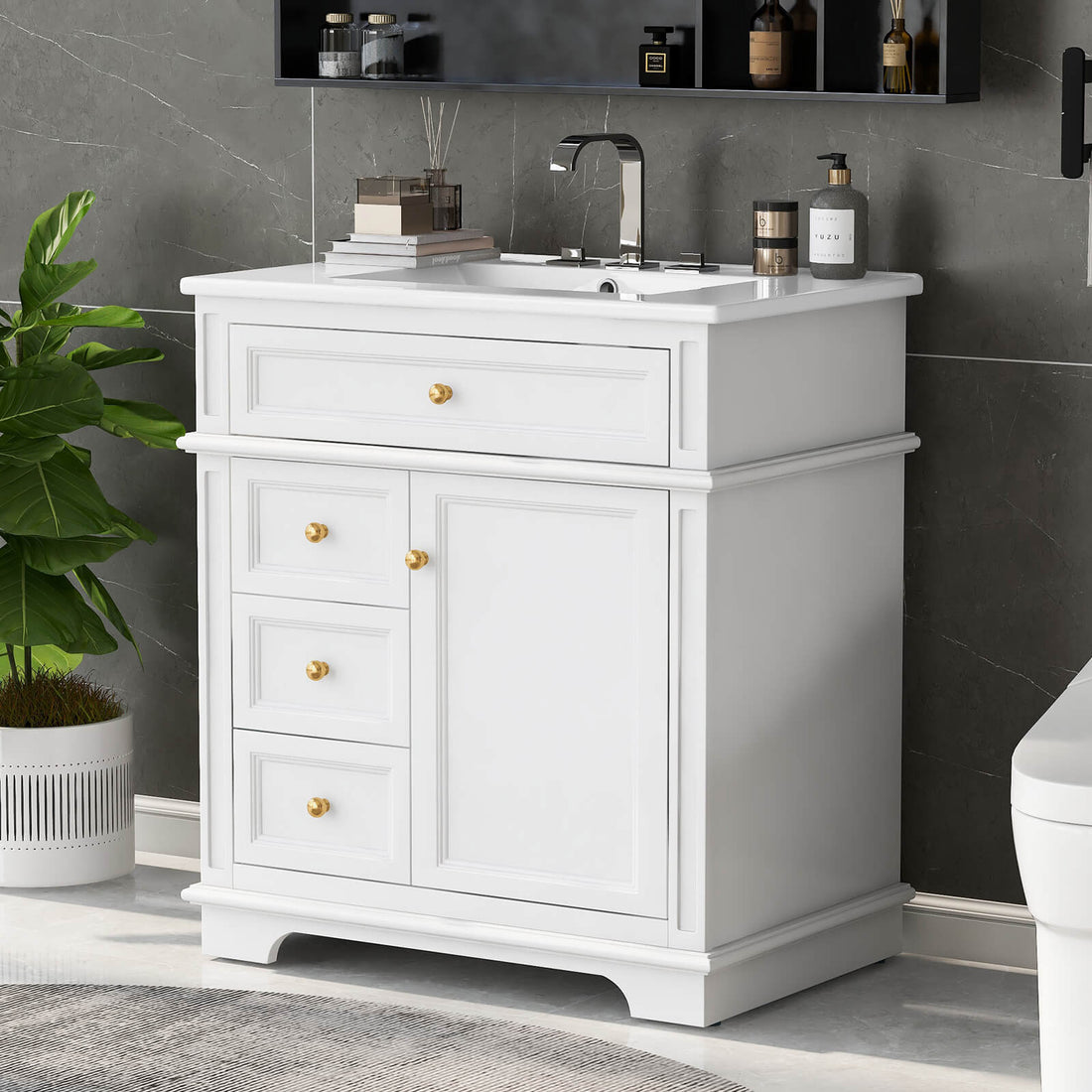 30 inch white freestanding bathroom vanity with flip out tray