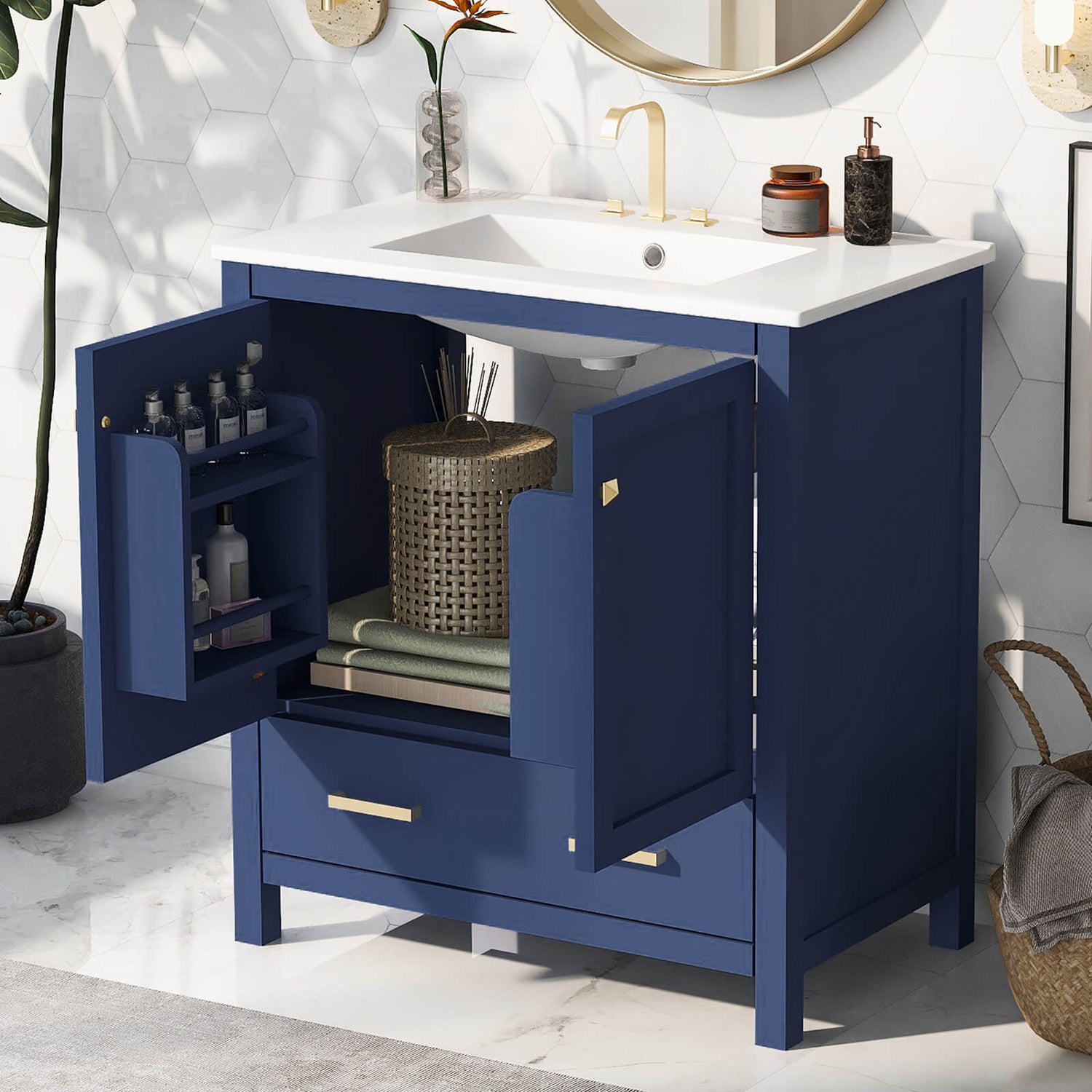 30-inch blue bathroom vanity with sleek design