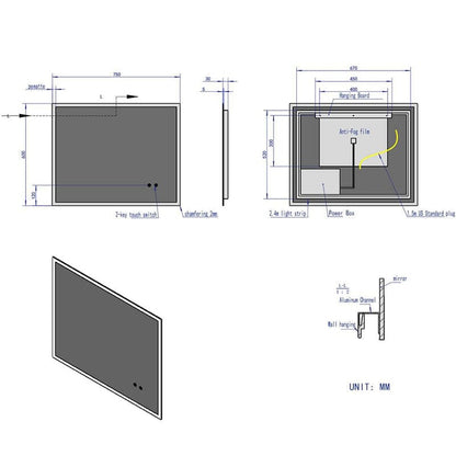 LED Light Bathroom Vanity Mirror Large Rectangular Frameless Anti Fog