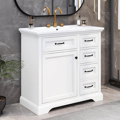 36 Inch White Bathroom Vanity with Rubberwood Frame and Ceramic Sink