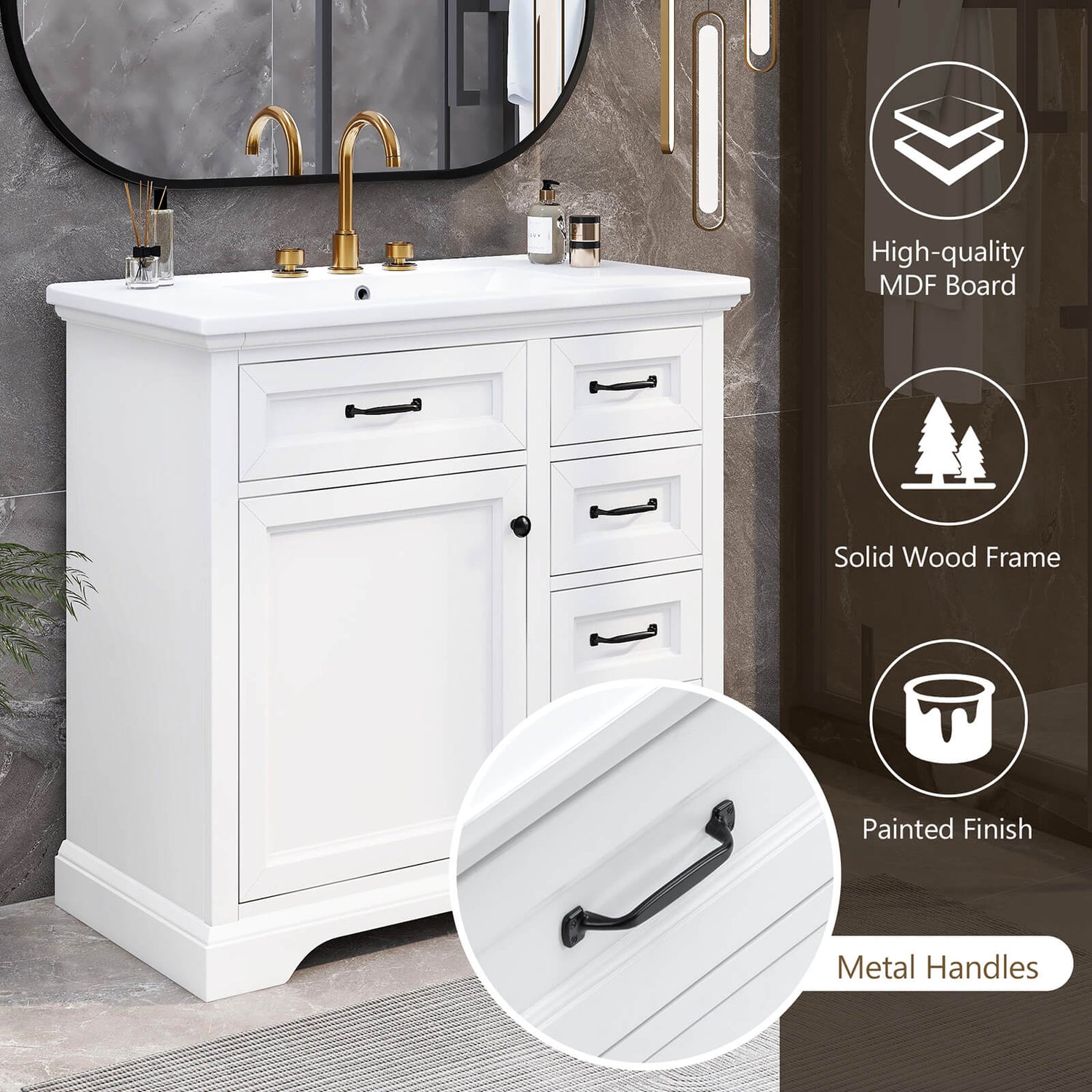 36 in White Bathroom Vanity Handle Detail with Rubberwood Frame