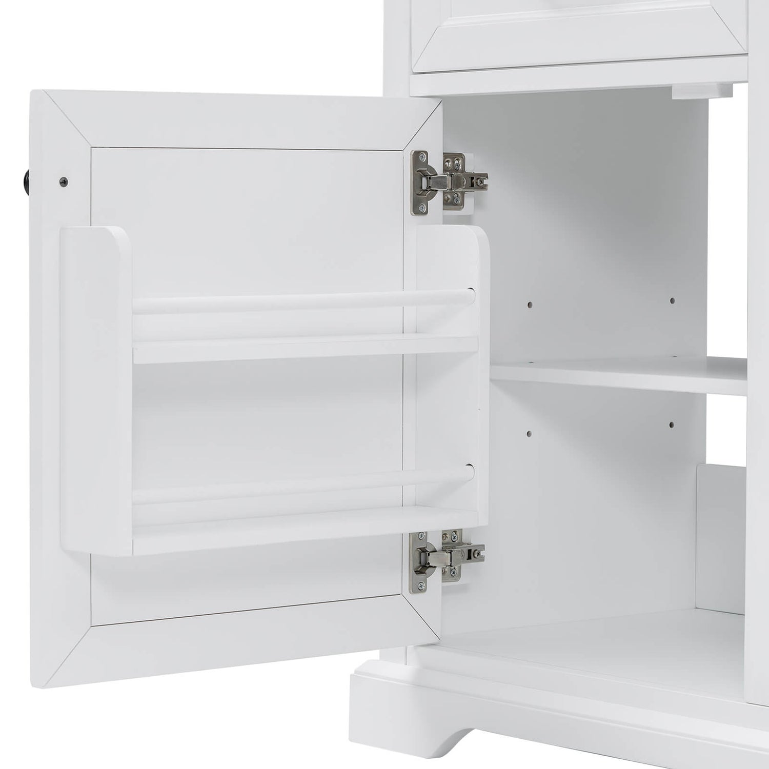 36 in White Bathroom Vanity Hinge Detail Display with Rubberwood Frame