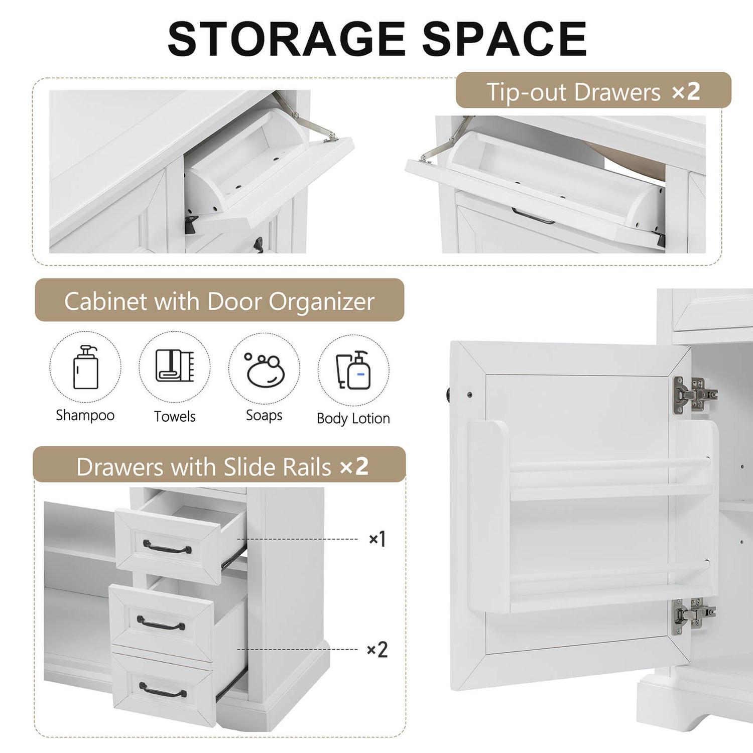 36 in White Bathroom Vanity Storage with Rubberwood Frame Description