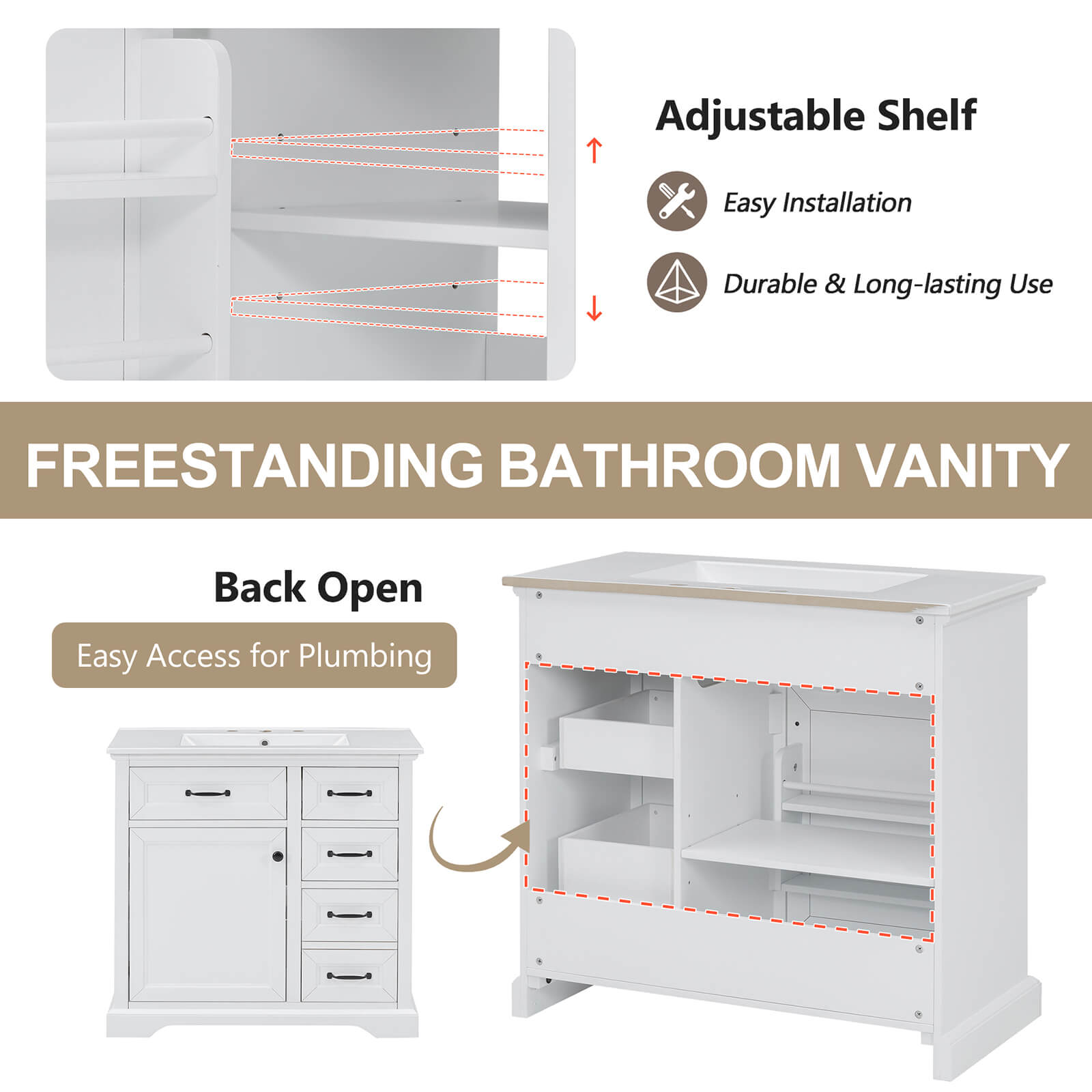 36 in White Bathroom Vanity with Rubberwood Frame Adjustable Deck Detail