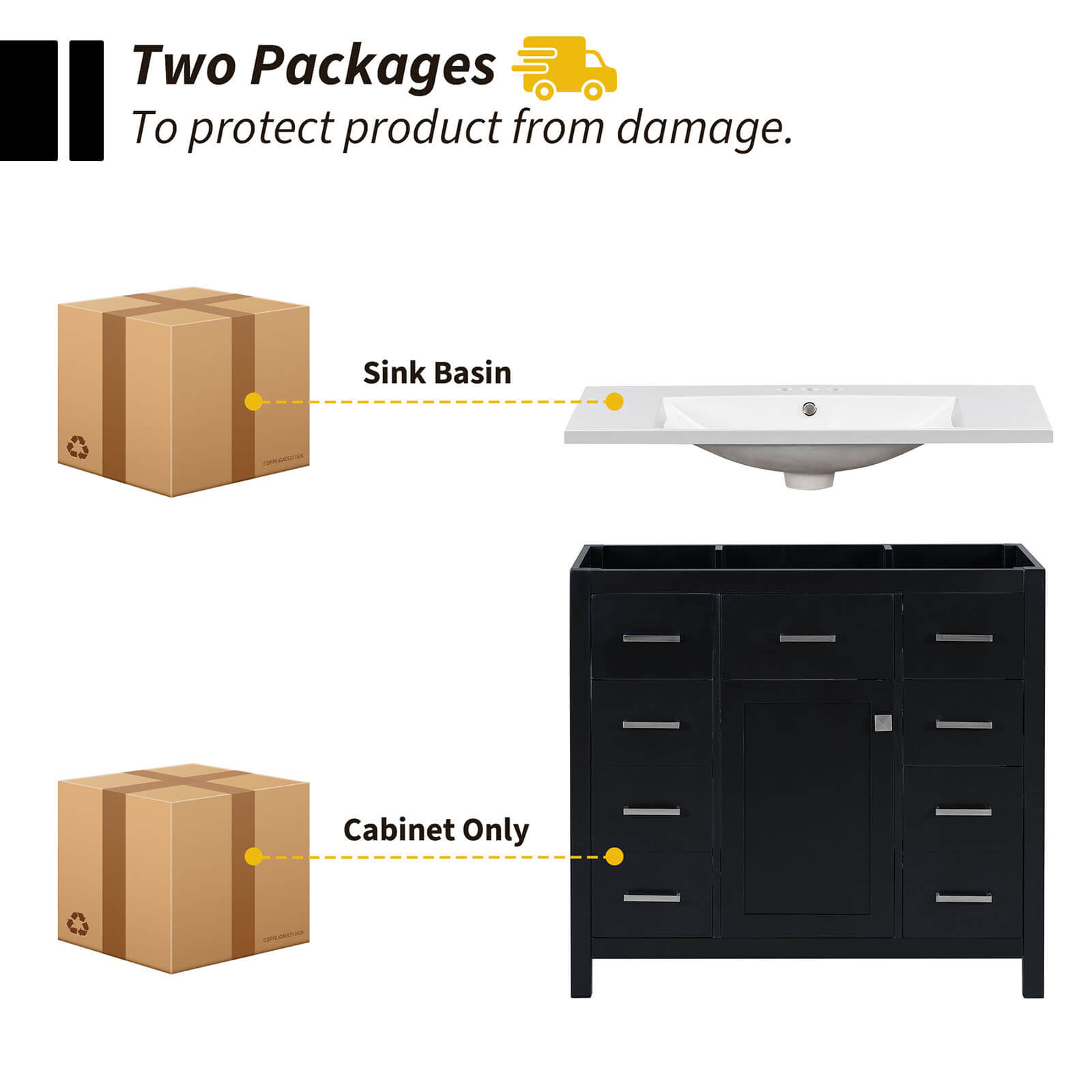 36 inch Black Bathroom Vanity with 6 Drawers Packaged Package Image