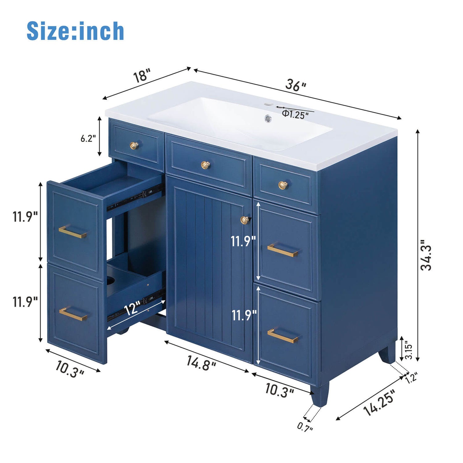 36 inch Blue Bathroom Vanity with Integrated Resin Sink Overall Dimensions Specifications