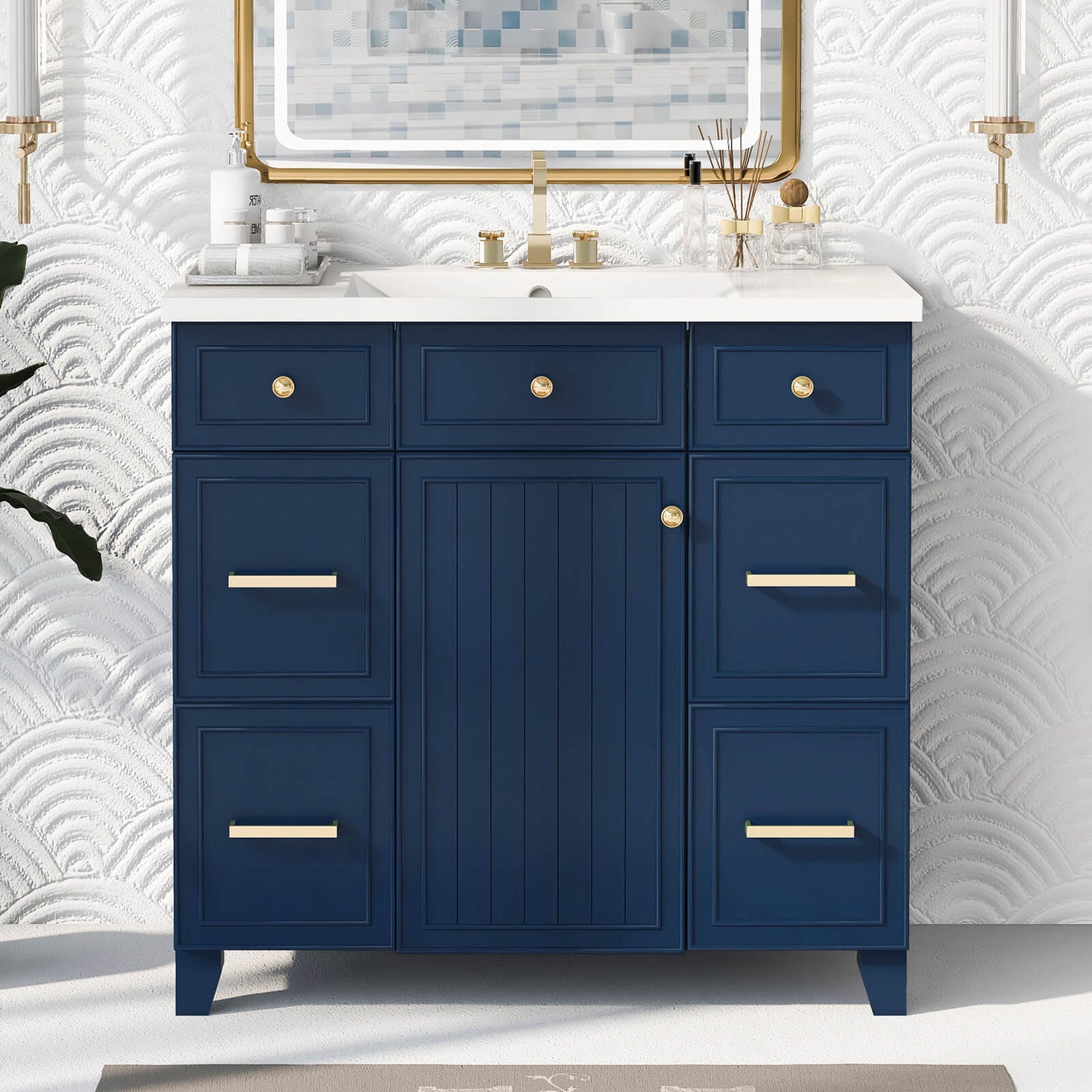 36 inch Blue Bathroom Vanity with Integrated Resin Sink