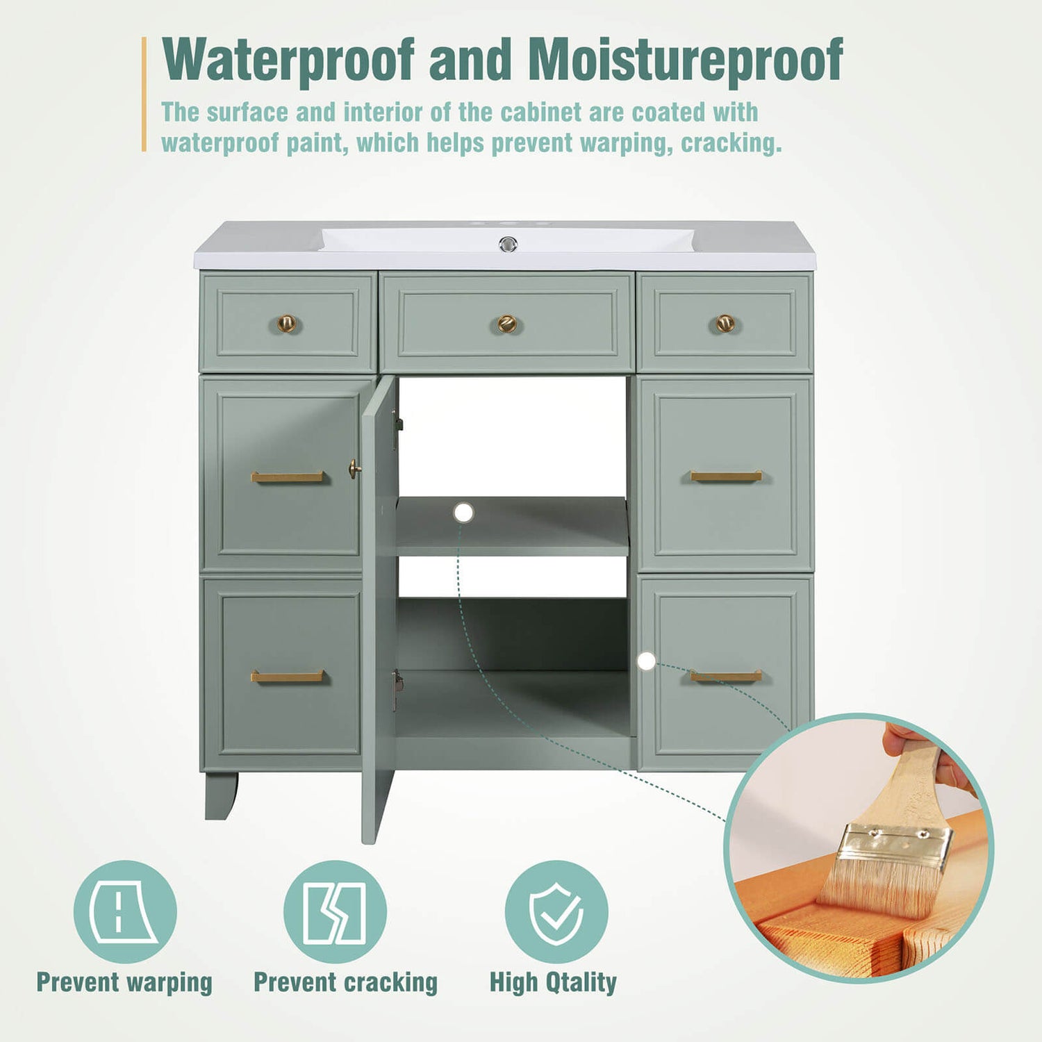 36 inch Green Bathroom Vanity with Integrated Resin Sink Waterproofing Instructions