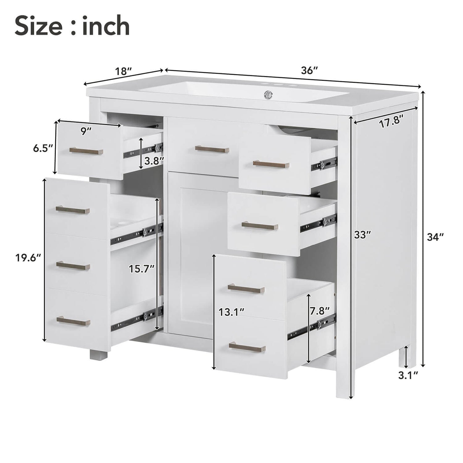 36 inch White Bathroom Vanity with 6 Drawers Dimensions