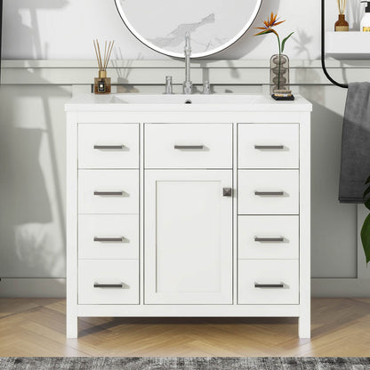 36 inch White Bathroom Vanity with 6 Drawers