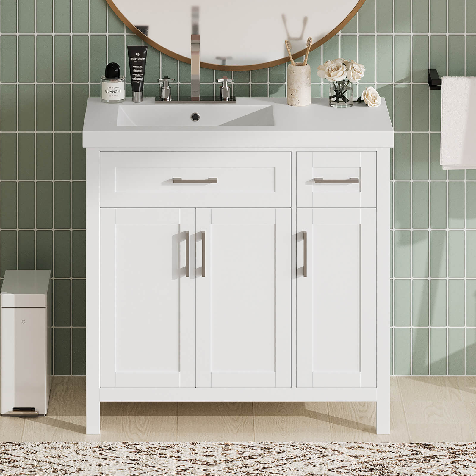 36 inch White Bathroom Vanity with Left Offset Sink