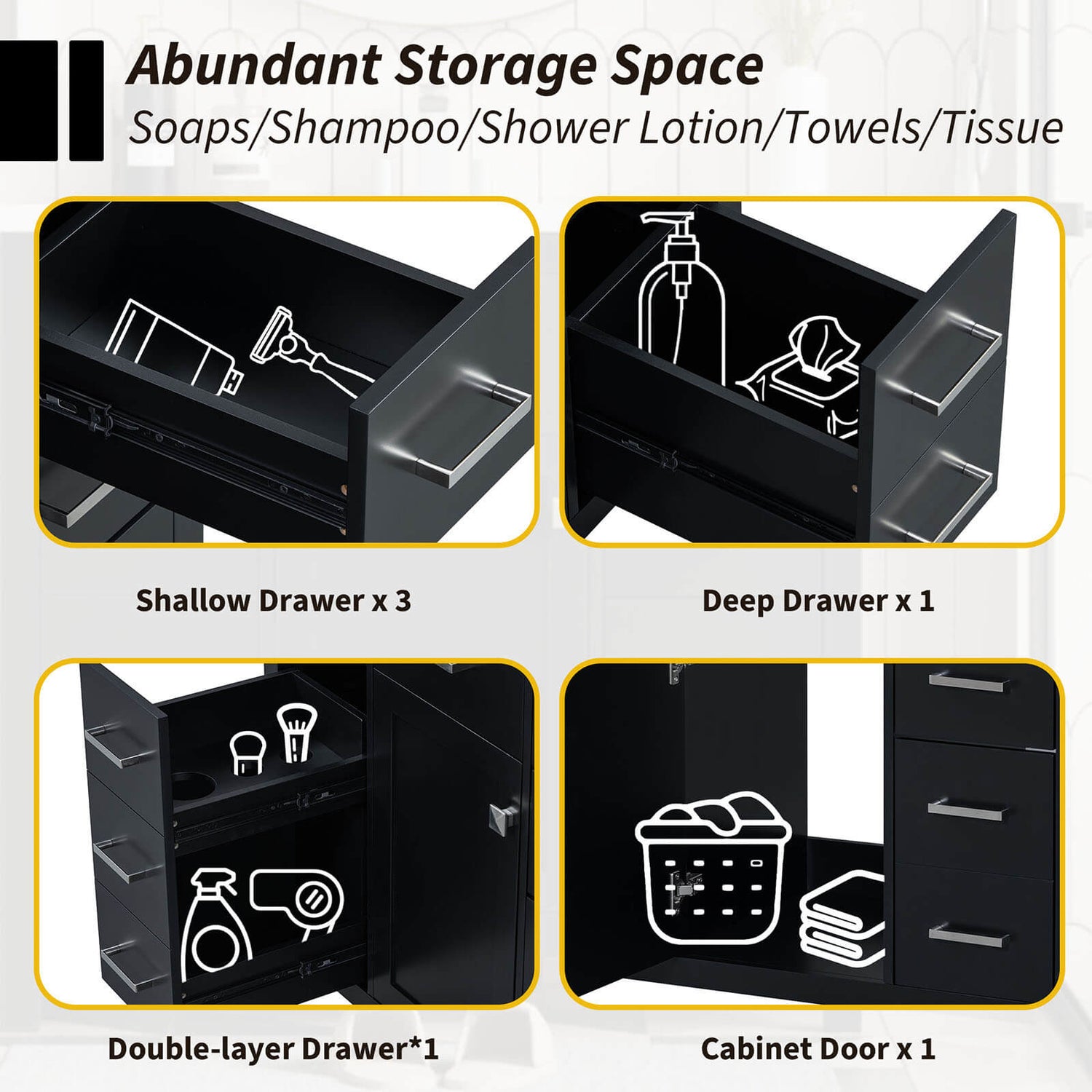 36 inch black bathroom vanity storage diagram with 6 drawers