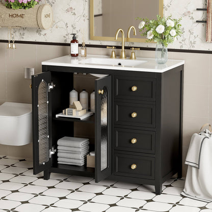 36-inch-black-bathroom-vanity-with-patterned-glass-doors-and-gold-handles