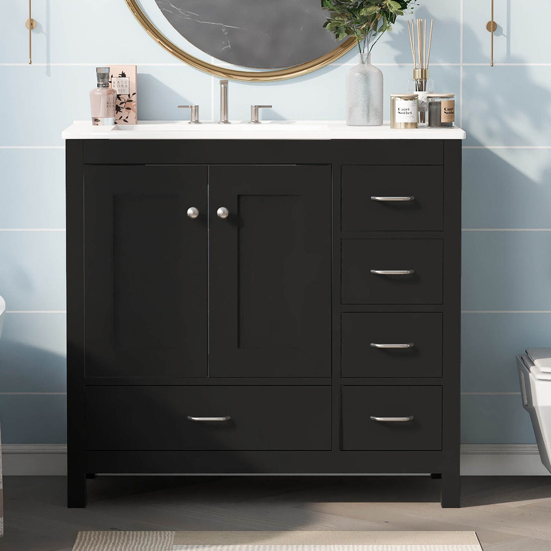 36 inch black bathroom vanity with right side drawers