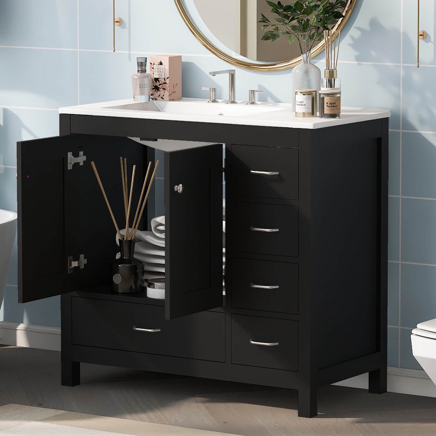 36 inch black bathroom vanity with spacious countertop and right side storage