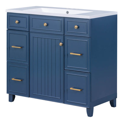 36 inch blue vanity with seamless resin sink and ample storage