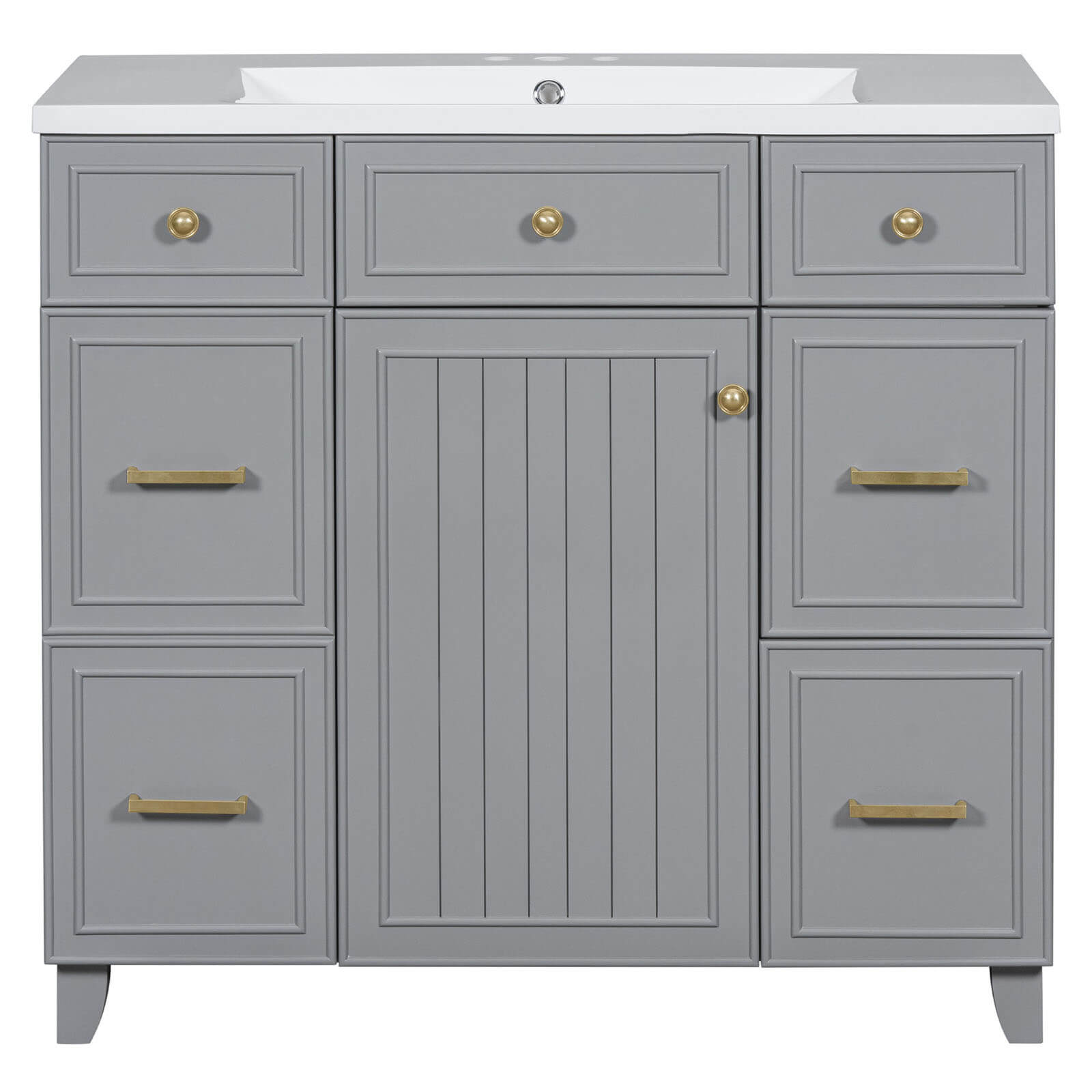 36 inch grey bathroom vanity with luxurious gold handles and modern functionality