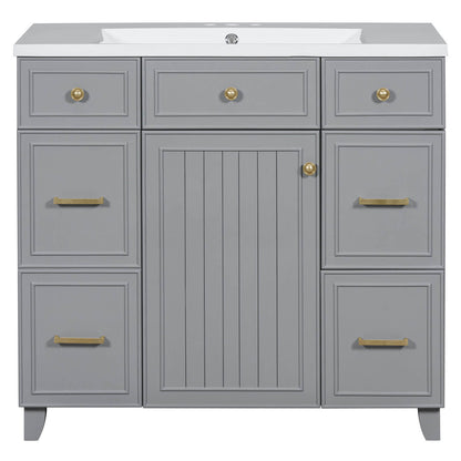 36 inch grey bathroom vanity with luxurious gold handles and modern functionality