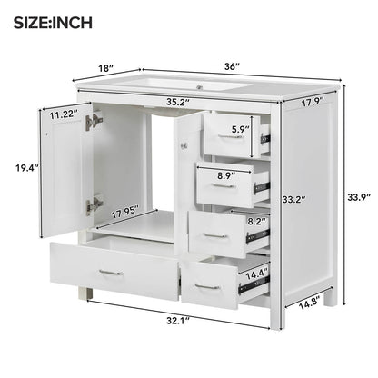 36 inch white bathroom vanity with drawers on right side overall dimensions