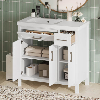 36 inch white bathroom vanity with left offset sink and ample storage space