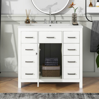 36 inch white bathroom vanity with six drawers and one cabinet door