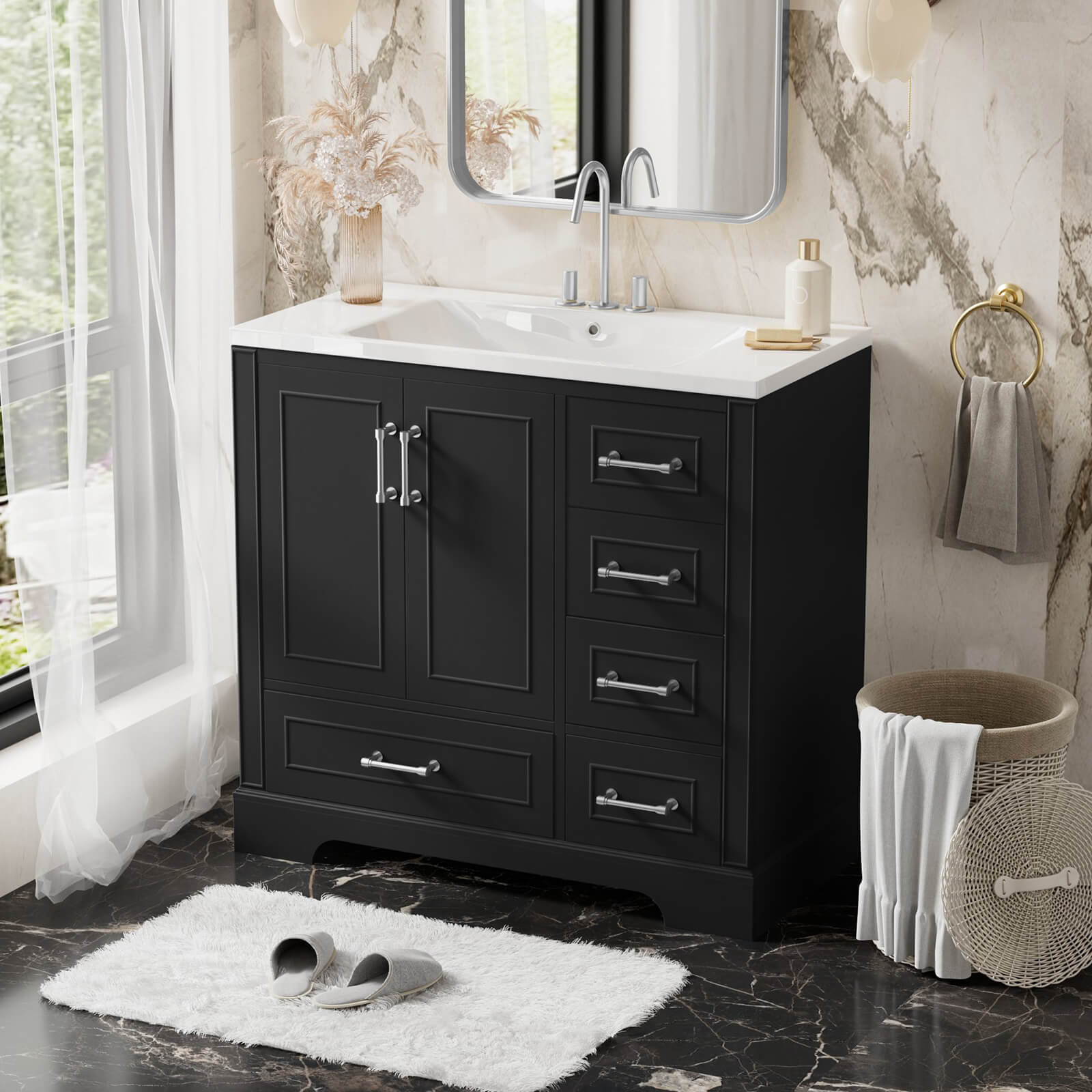 36-inch black bathroom vanity with resin sink