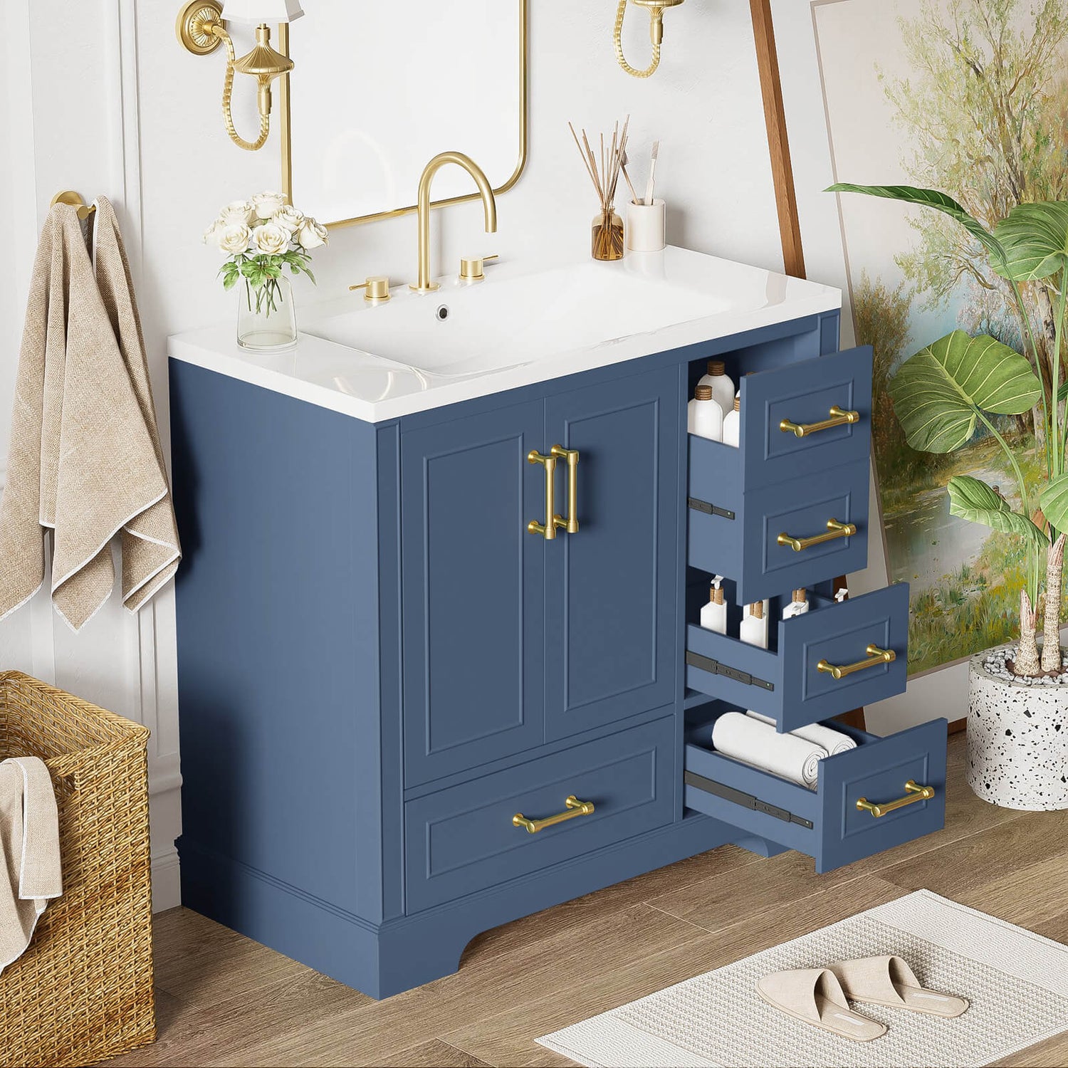 36-inch freestanding bathroom vanity in blue