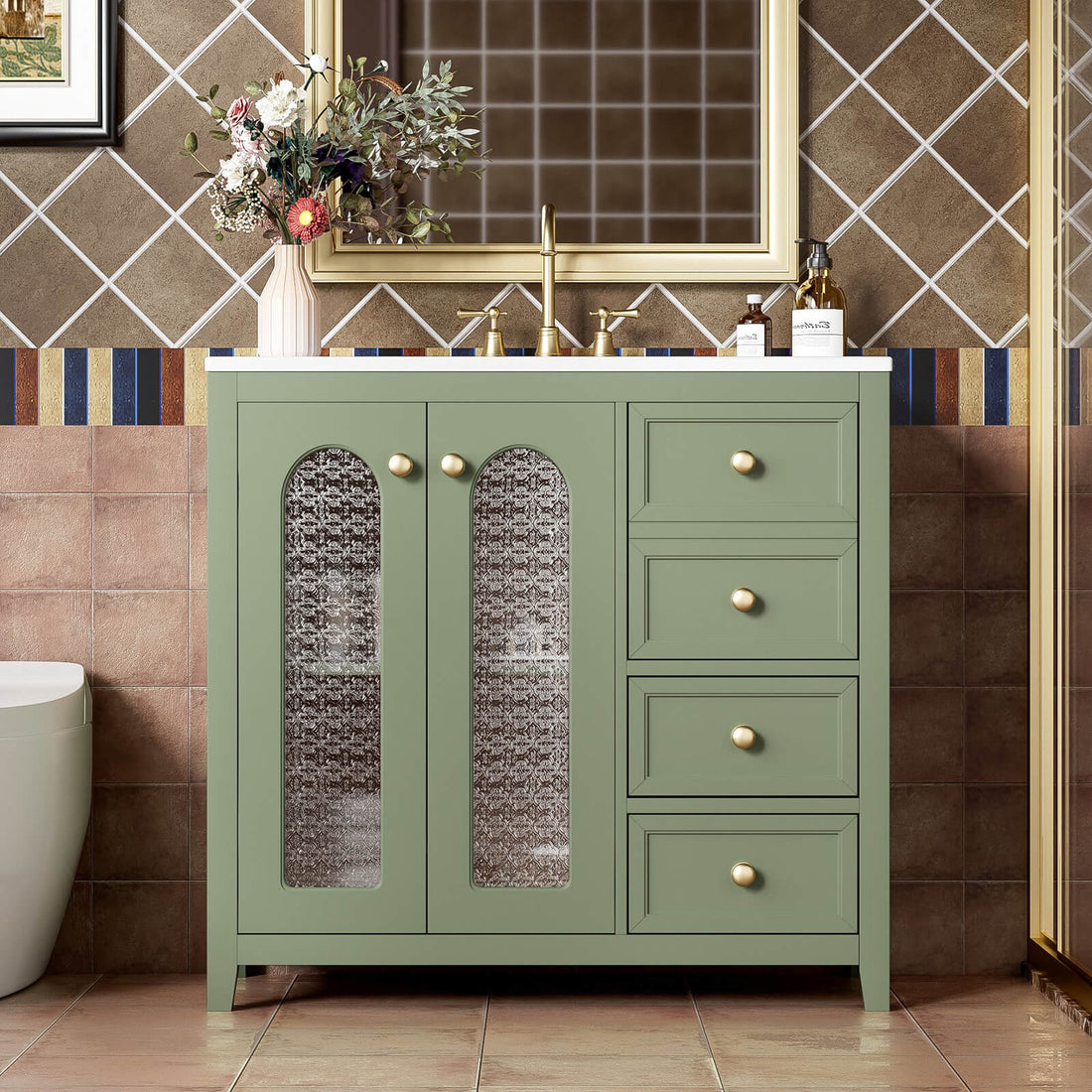 36-inch green bathroom vanity with patterned glass doors