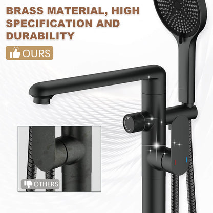 360° Rotatable Floor Mount Tub Filler Freestanding Bathtub Faucet with 3-Spray Handheld