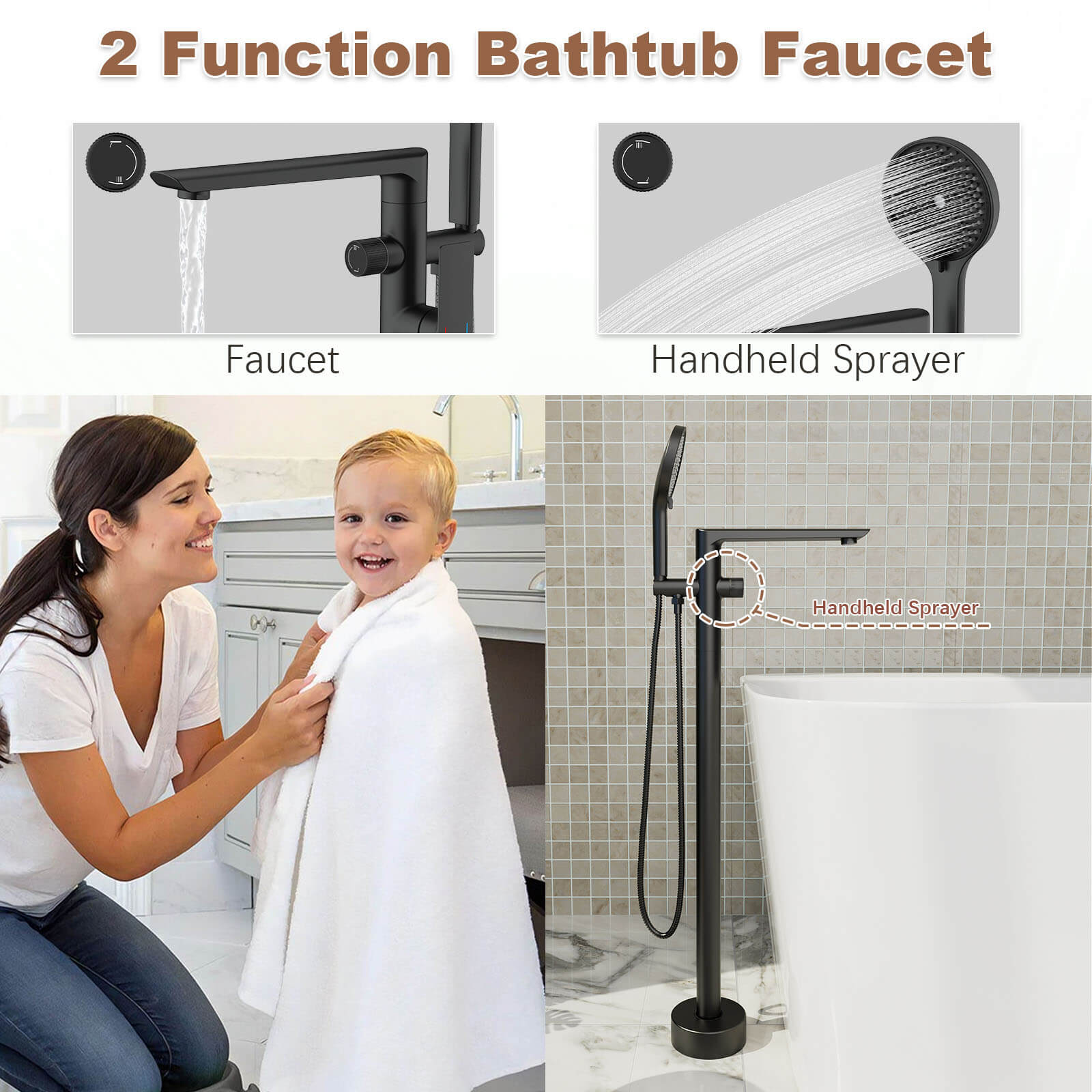 Brass Floor Mount Bathtub Faucet Single Handle Standing Tub Filler with Handheld Shower, 360° Swivel Spout