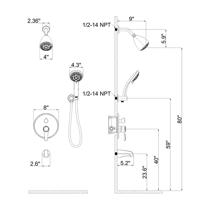 8 Spray Filtered Shower Head and Hand Shower &amp; Tub Spout Combo Set