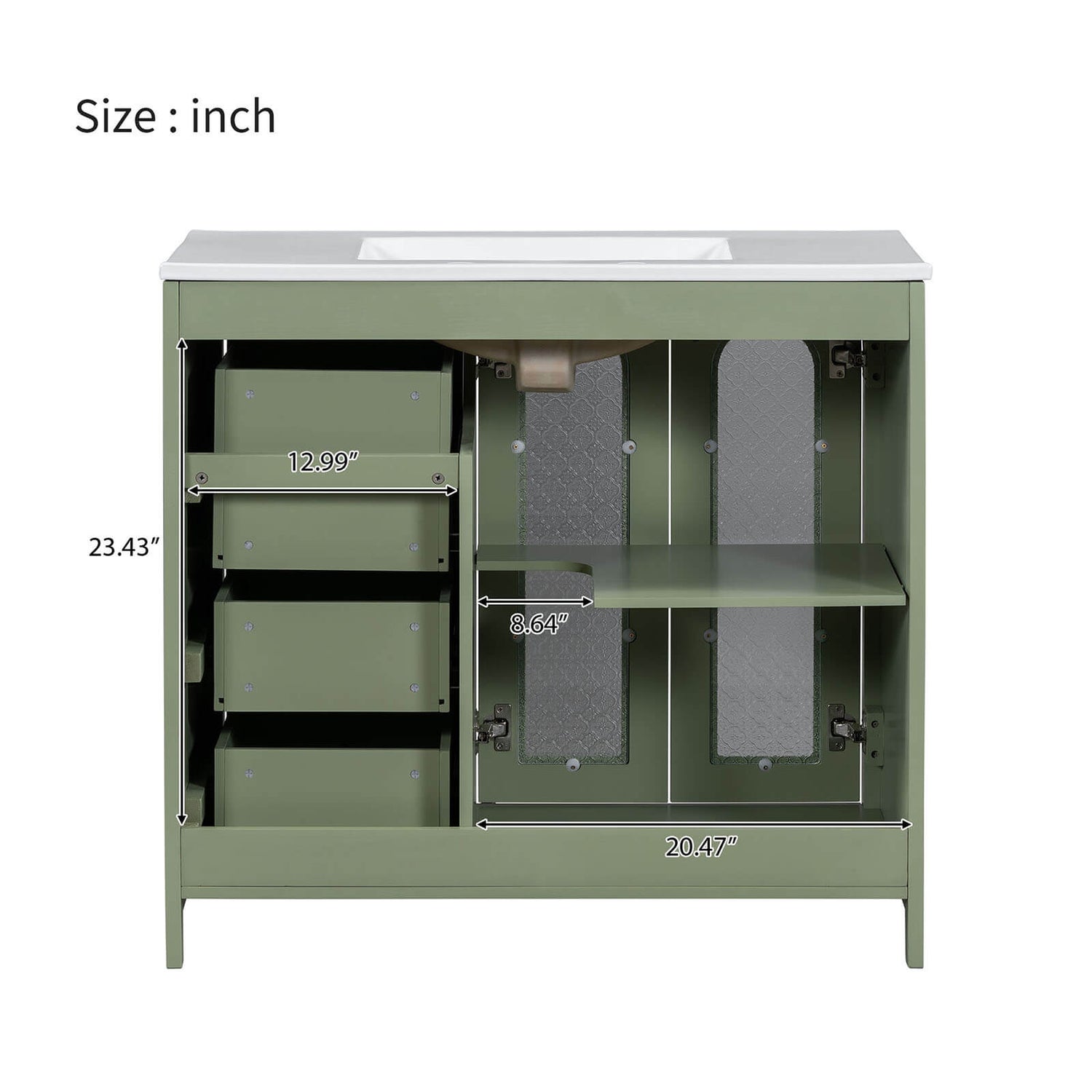 36 Inch Green Bathroom Vanity with Patterned Glass Door Back Dimensions Specifications