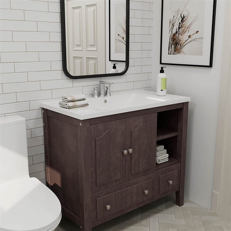 36&quot; Brown Bathroom Vanity with Ceramic Basin, Bathroom Storage Cabinet with Two Doors and Drawers