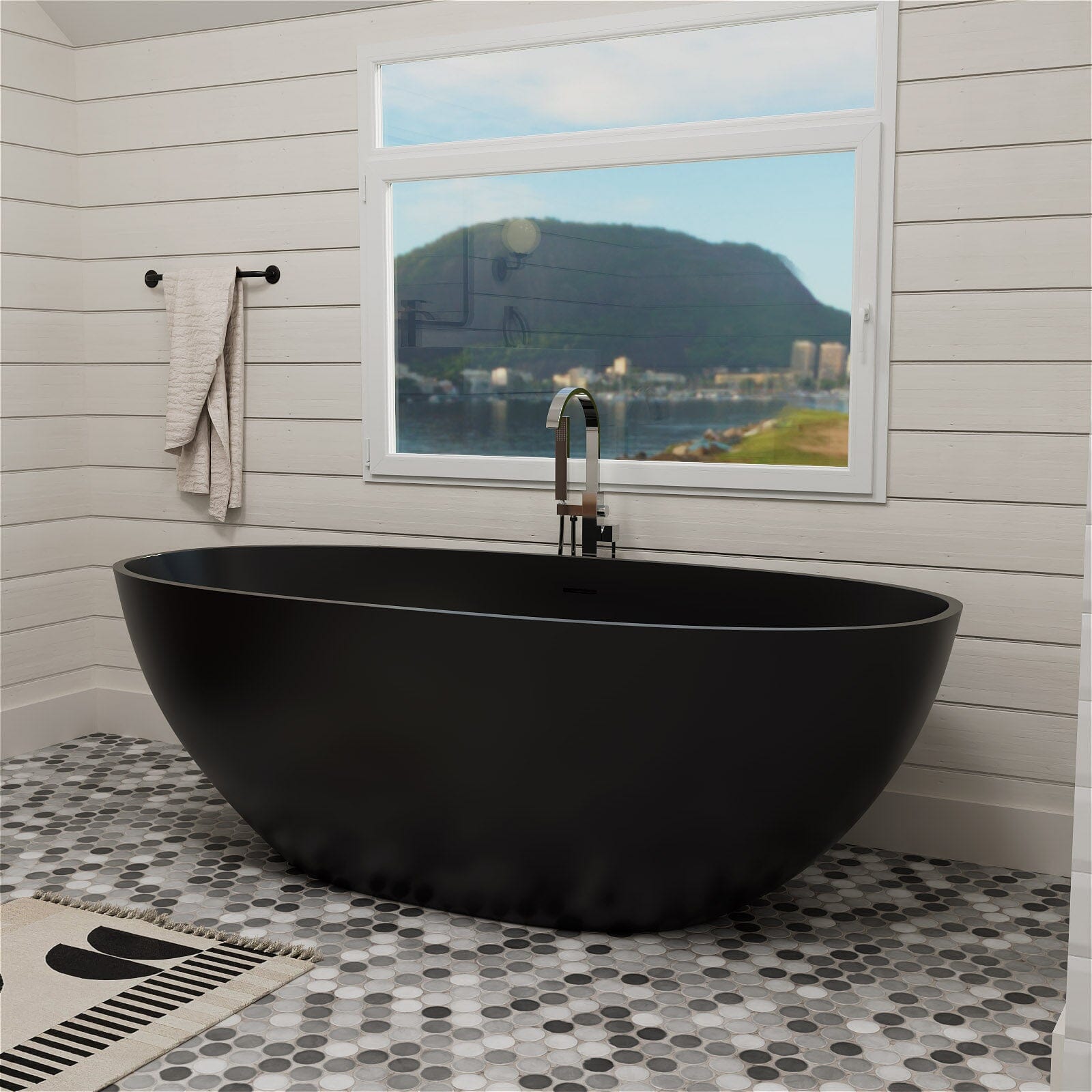 55&quot; Solid Surface Stone Resin Oval-shaped Freestanding Soaking Bathtub with Overflow