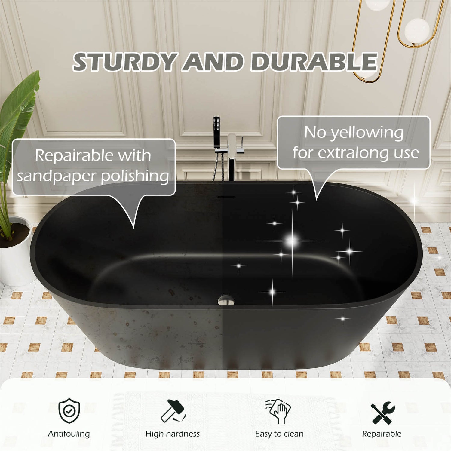 65&quot; Stone Resin Bathtub Oval-shaped Solid Surface Stand Alone Tub with Pop-up Drain