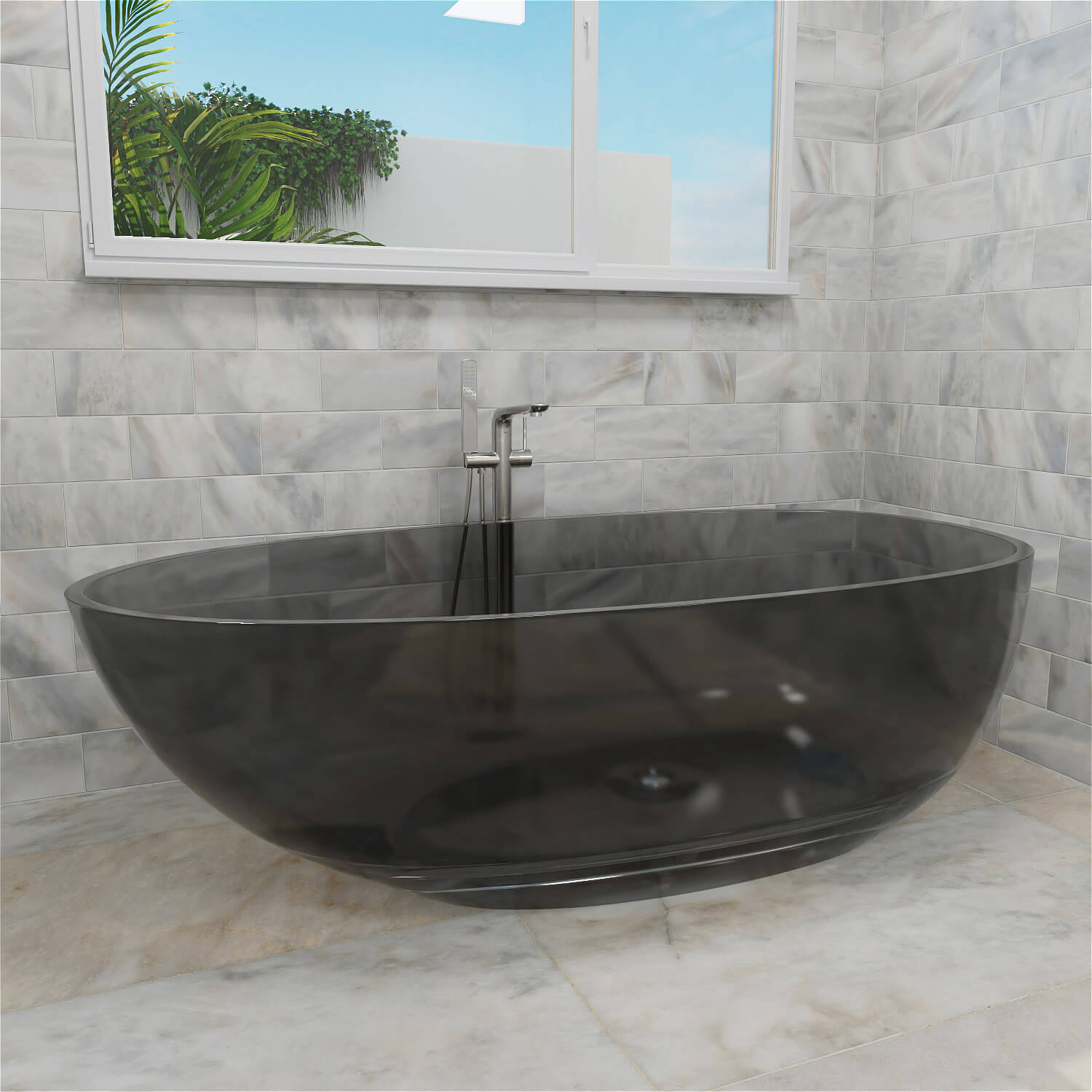 63&quot; Modern Art Resin Tub, Gray Transparent Egg Shape Freestanding Soaking Bathtub for Hotels