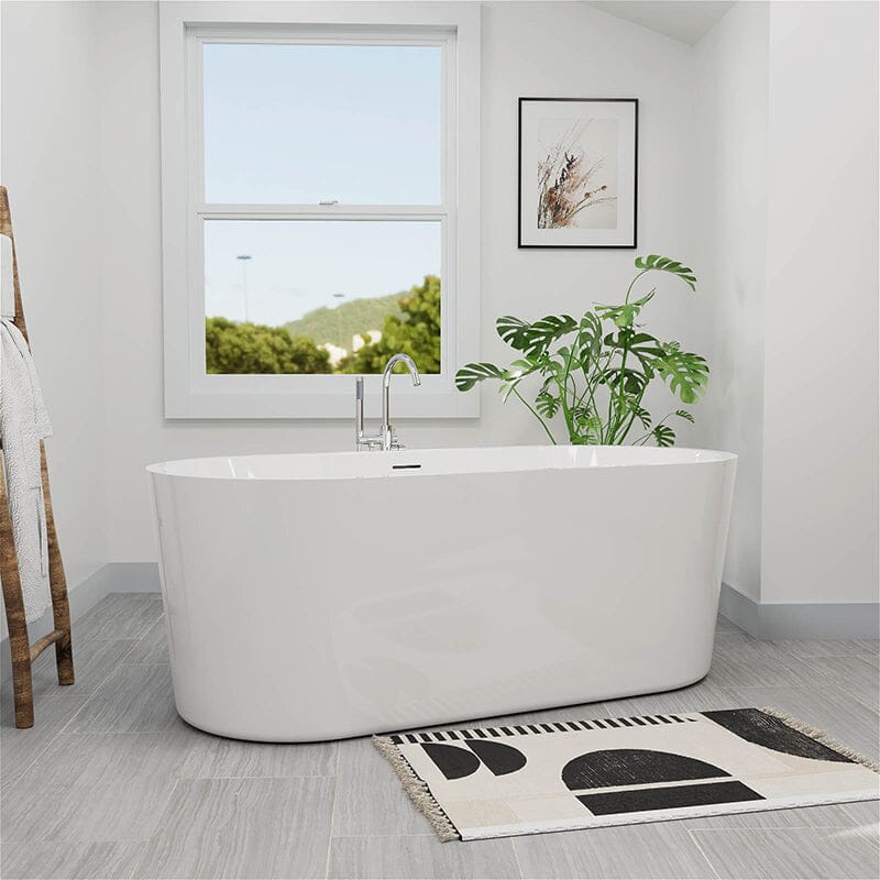 Mokleba 65&quot; Acrylic Oval Flatbottom Freestanding Soaking Bathtub in Glossy White