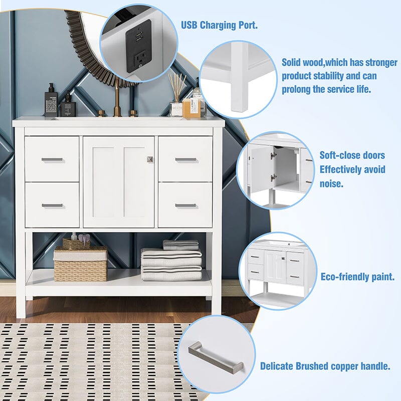 36-Inch Freestanding Drawer Bathroom Vanity with Resin Sink and USB Charging