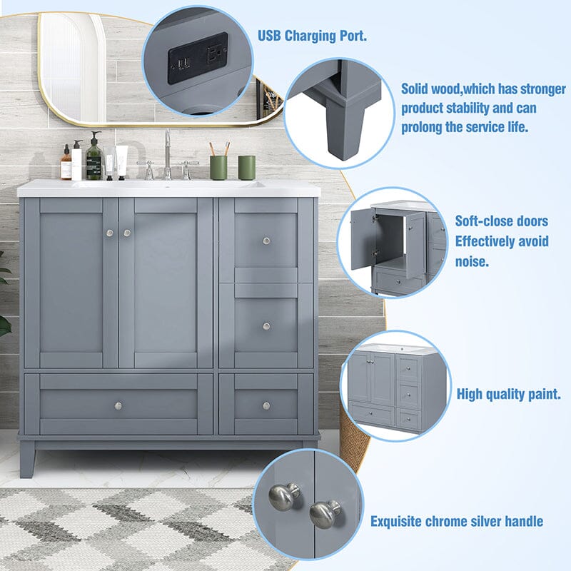 36-Inch Freestanding Drawer Bathroom Vanity with USB Charging and Single Sink