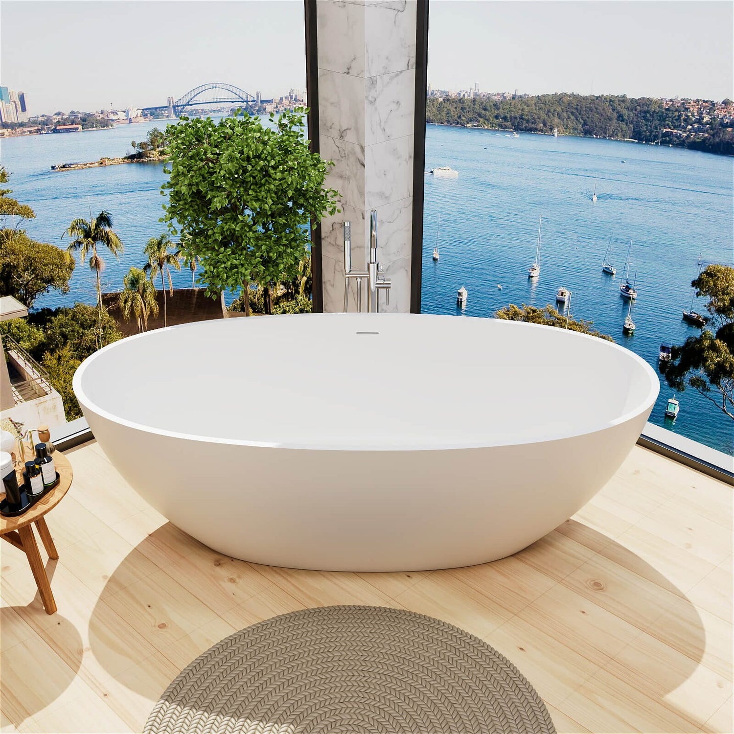 71&quot; Solid Surface Stone Resin Oval-shaped Freestanding Soaking Bathtub with Overflow