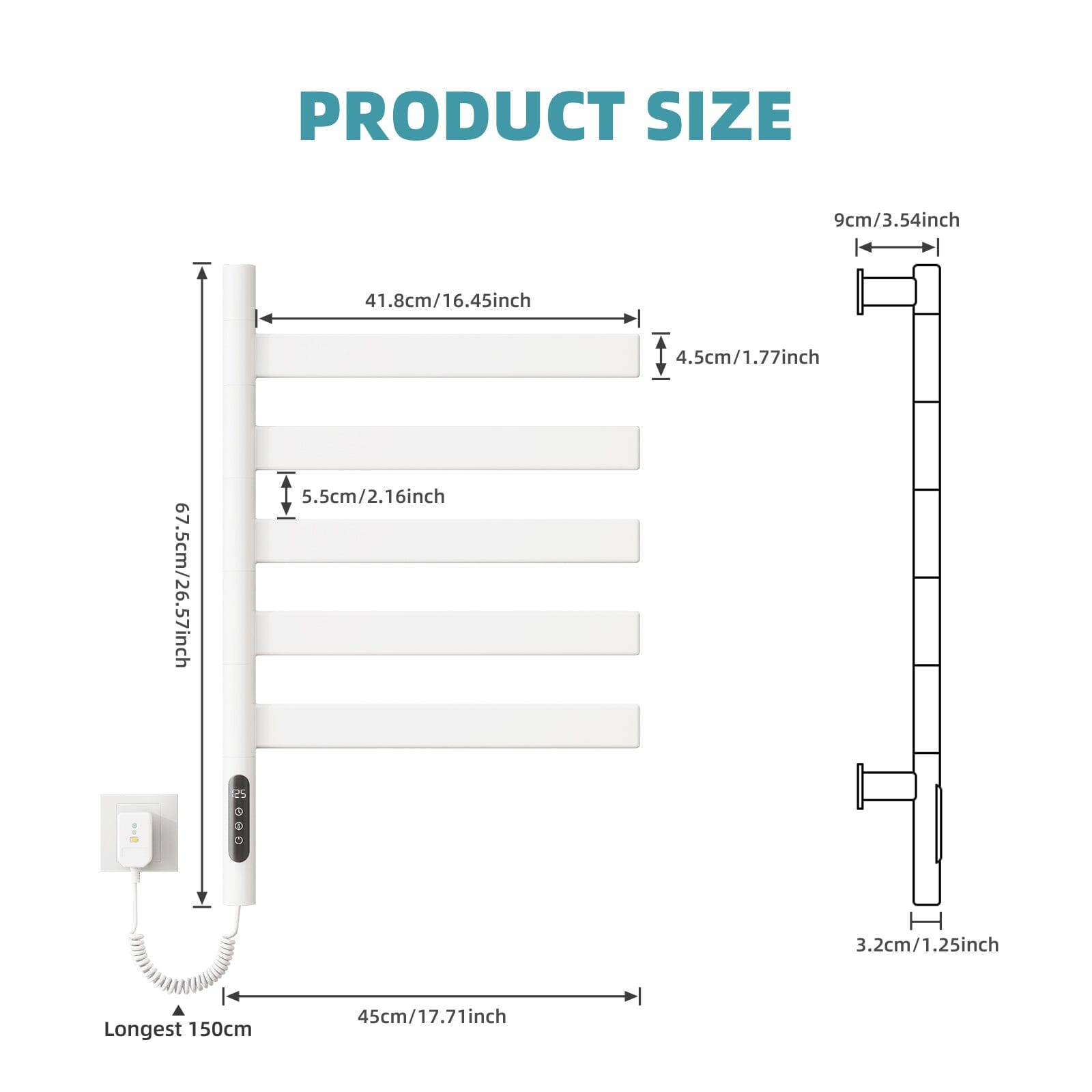 Heated Towel Racks for Bathroom, 180° Rotating Wall Mounted Towel Warmer with Flat 5 Bar