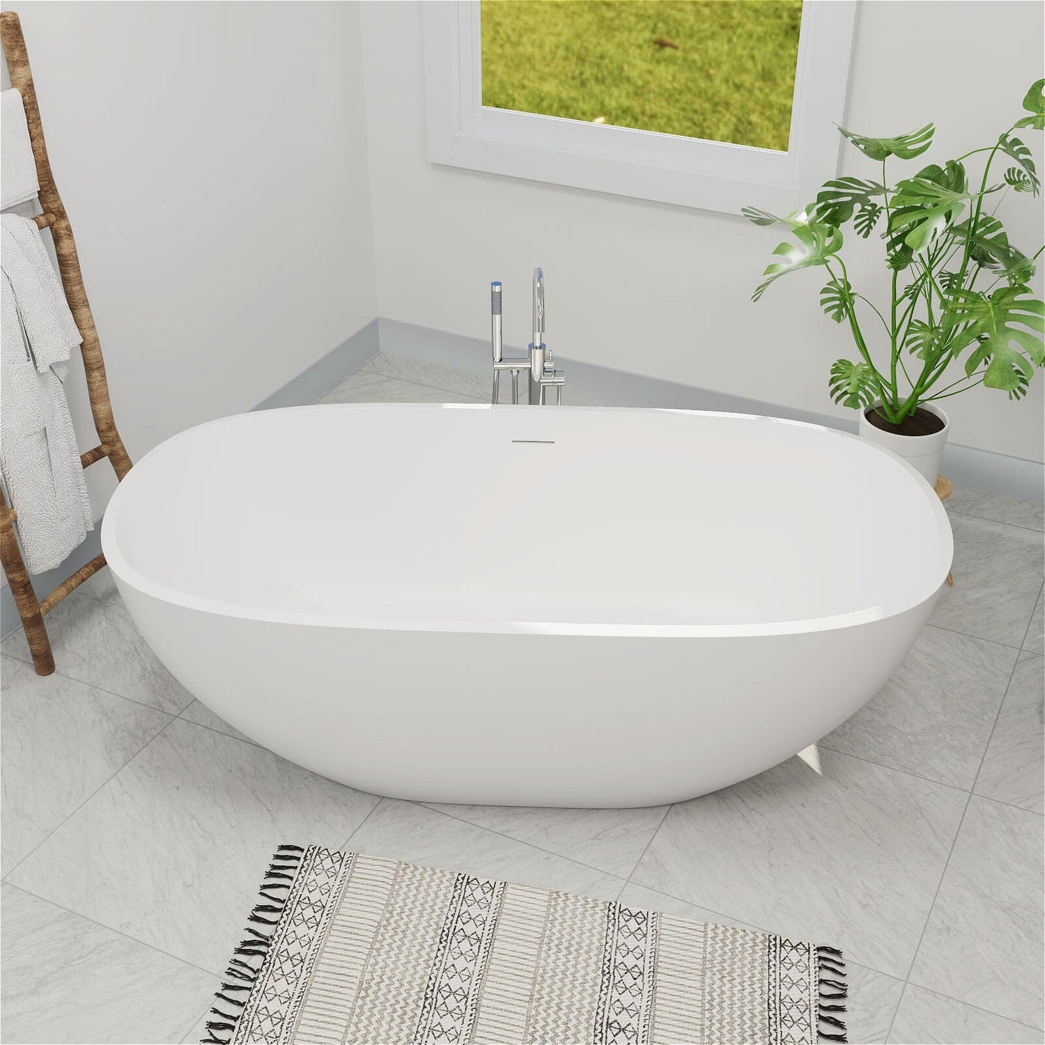 65&quot; Modern Oval Tub Solid Surface Stone Resin Freestanding Soaking Bathtub with Tub Tray